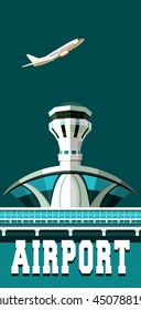 vector illustration poster plane taking off the airport building retro poster