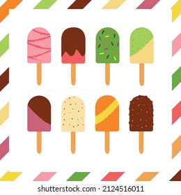 Vector illustration, poster, postcard with the image of colorful popsicles on a stick.