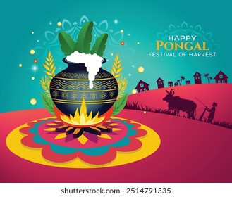 Cartaz de ilustração vetorial de um pote de Pongal colocado em uma fogueira e arroz fervendo fora dele, com o texto Happy Pongal colocado ao lado dele