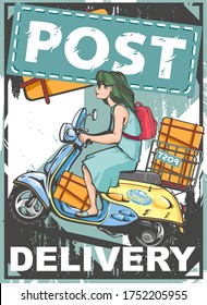 Vector illustration of poster print for post delivery with vitage retro motorcycle and young cute woman, girl