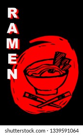 Vector Illustration Poster of Ramen Food with Red Japanese Style and "Ramen" Text. Graphic Design for Shirt, Template, Layout, Background, and More.