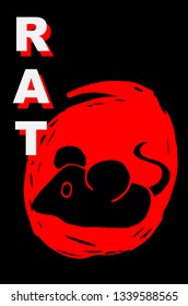 Vector Illustration Poster of rat Animal with Red Japanese Style and "Rat" Text. Graphic Design for Shirt, Template, Layout, Background, and More.