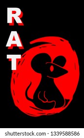 Vector Illustration Poster of rat Animal with Red Japanese Style and "Rat" Text. Graphic Design for Shirt, Template, Layout, Background, and More.