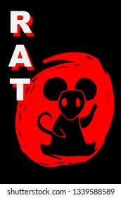 Vector Illustration Poster of rat Animal with Red Japanese Style and "Rat" Text. Graphic Design for Shirt, Template, Layout, Background, and More.