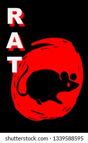 Vector Illustration Poster of rat Animal with Red Japanese Style and "Rat" Text. Graphic Design for Shirt, Template, Layout, Background, and More.