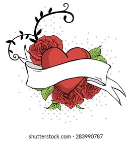 Vector illustration. Poster with ribbon, hearts, roses and leaves isolated on white background. Rockabilly style.
