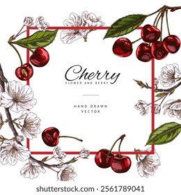 Vector illustration of a poster with ripe cherries with green leaves and flowers. Hand drawn outline sketch in a square frame. Suitable for labels and flyers. Organic product. Space for text.