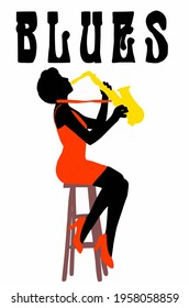 Vector illustration for poster. Saxophonist girl plays blues. Jazz trumpet. Poster for blues concert, school, party.  Jazz music festival banner poster illustration vector. Music school.