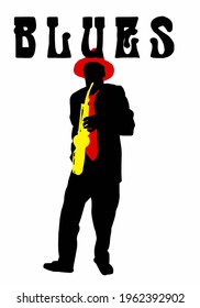 Vector illustration for poster. Saxophonist man plays blues. Jazz trumpet. Poster for blues concert, school, party.  Jazz music festival banner poster illustration vector. Music school.