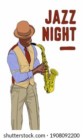 Vector illustration for poster. Saxophonist plays jazz. Jazz trumpet. Poster for jazz concert, school, party.  Jazz music festival banner poster illustration vector. Music school.