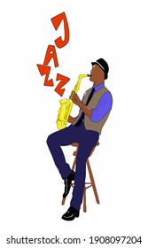 Vector illustration for poster. Saxophonist plays jazz. Jazz trumpet. Poster for jazz concert, school, party.  Jazz music festival banner poster illustration vector. Music school. 