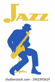 Vector illustration for poster. Saxophonist plays jazz. Jazz trumpet. Poster for jazz concert, school, party.  Jazz music festival banner poster illustration vector. Music school.