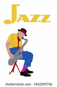 Vector illustration for poster. Saxophonist plays jazz. Jazz trumpet. Poster for jazz concert, school, party.  Jazz music festival banner poster illustration vector. Music school.