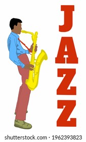 Ilustración vectorial para el afiche. El saxofonista toca jazz. Trompeta de jazz. Afiche para concierto de jazz, escuela, fiesta.  Vector de ilustración de afiches del festival de música Jazz. Escuela de música.