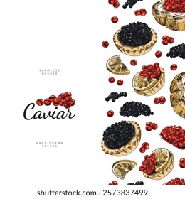 Vector illustration of a poster with a seamless frame of red and black caviar in tartlets and sandwiches. Outline watercolor pattern of a delicacy seafood product. Culinary menu. Place for text.