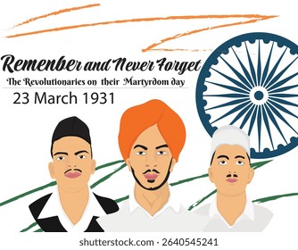 Vector illustration poster of shaheed diwas celebrated on march 23rd every year to remember the sacrifice of brave freedom fighters bhagat singh, sukhdev thapar, and shivaram rajguru for the nation.