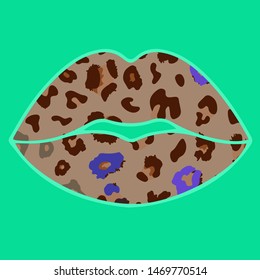 vector illustration poster silhouette lips with leopard print color shades of blue, for fabric, clothes 