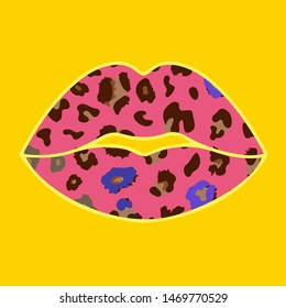 vector illustration poster silhouette lips with leopard print color shades of pink, for fabric, clothes 
