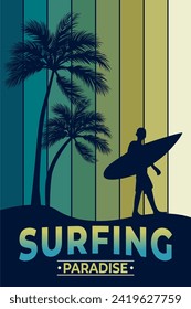 vector illustration poster silhouette, a man surfing, a coconut tree, on summer vacation, retro style, perfect for backgrounds, posters, t-shirts etc