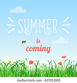 Vector illustration poster of summer is coming words in the field with flowers and a bee flying.
