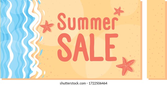 vector illustration, poster for summer promotions and discounts. Seascape with the sun and the ship on the waves. stylish business solution, starfish in the sand