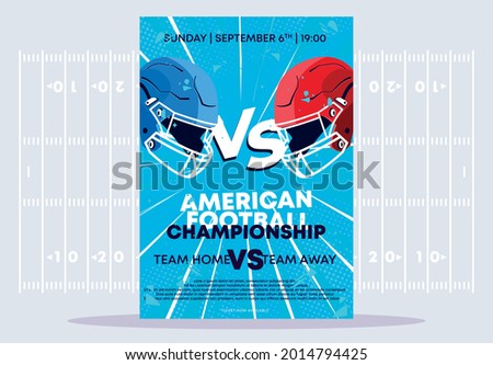 Vector illustration of the poster template for the American football sports match of the national championship, two sports helmets look at each other on a blue active background in the style of pop ar