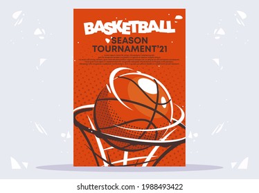 ilustración vectorial de una plantilla de afiche para un torneo de baloncesto, un baloncesto vuela al anillo