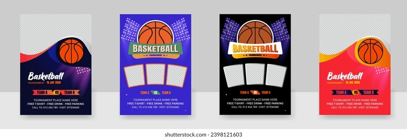 Ilustración vectorial de una plantilla de afiche para un torneo de baloncesto, volante con baloncesto