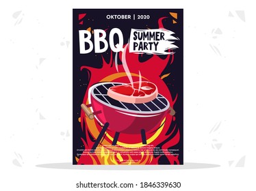 Vector illustration poster template for BBQ grill summer party, roast steak meat on the grill