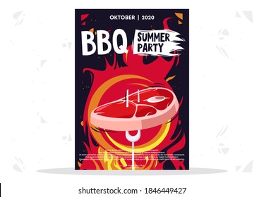 Plantilla de afiche de ilustración de vector para la fiesta de verano de barbacoa, carne de filete en un tenedor