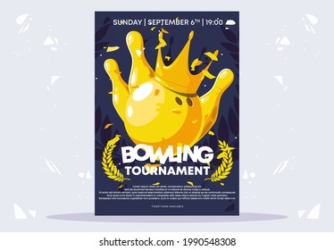 Vector illustration of a poster template for a bowling tournament, a golden ball with golden pins with a winner's wreath and a golden crown, the final tournament