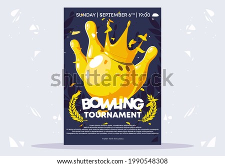 Vector illustration of a poster template for a bowling tournament, a golden ball with golden pins with a winner's wreath and a golden crown, the final tournament