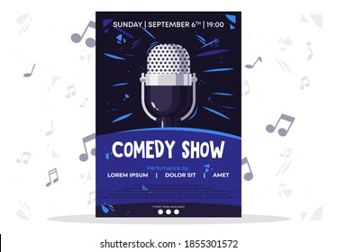 Vector illustration poster template for comedy show with retro microphone on dark background