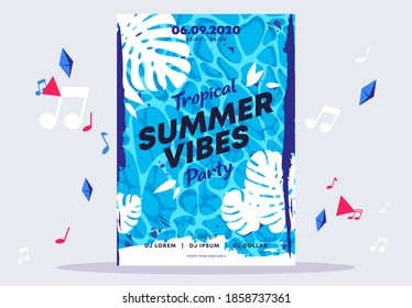 Vector illustration poster template for disco tropical summer vibes party, pool on background with silhouettes of tropical leaves