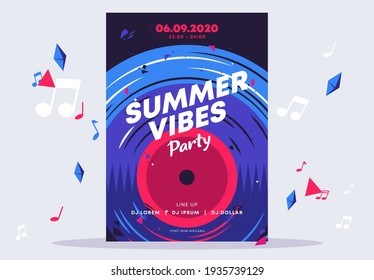 Vector Illustration Poster Template For Disco Summer Party Vibes, Vinyl Retro Disc