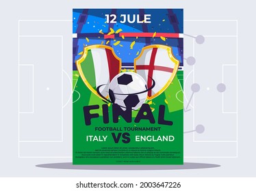 vector illustration poster template for the European final of a football match between Italy and England, side view of a football stadium