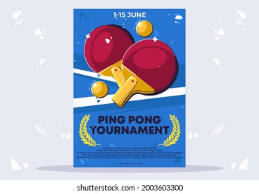 Vector illustration of a poster template and a flyer for a ping pong table tennis tournament, two small ping pong rackets with a small ball, on a blue background