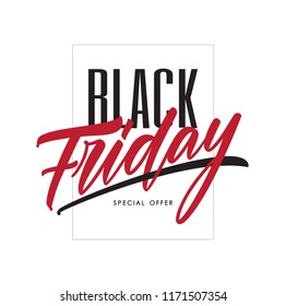 Vector illustration: Poster template with hand lettering of Black Friday in frame on white background. Special offer.