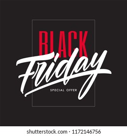 Vector illustration: Poster template with hand lettering of Black Friday in frame on dark background. Special offer.