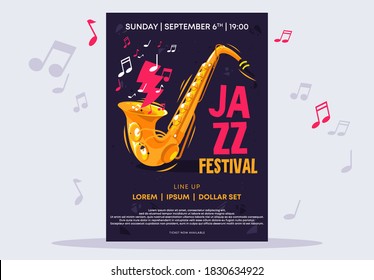 Vector illustration of a poster template for a jazz festival with a Golden saxophone with musical notes on a dark grunge background