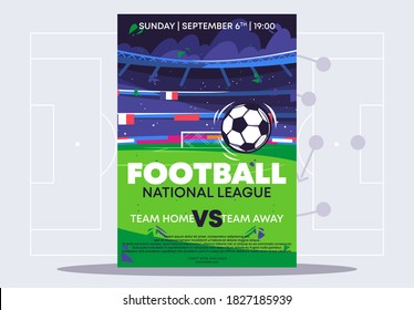 Vector Illustration Of A Poster Template For A National Championship Football Match With A Soccer Ball And A Night Stadium In The Background