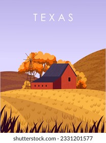 Vector illustration. Poster Texas, USA. Design for poster, banner, design for packaging, postcard. Autumn landscape, harvest, farm.