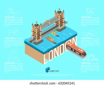 Vector illustration. Poster. Tower bridge in London, tourist attraction in the isometric perspective in London. Cartoon style. Kayakers practice of the River Thames of London, UK.
