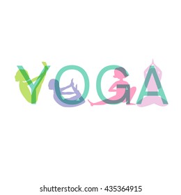 Vector illustration. Poster. Transparent yoga silhouettes.