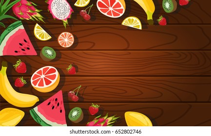 Vector illustration poster with tropical fruits flat lay on wooden table background