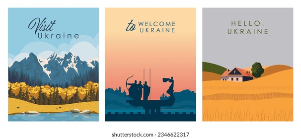 Ilustración vectorial. Afiche Ucrania, conjunto de diseños. Diseño para tarjetas, carteles, cubiertas, carteles.