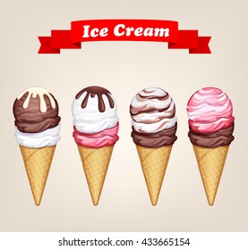 vector illustration poster of various ice cream in a waffle cone with a red ribbon on a light background