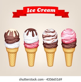 vector illustration poster of various ice cream in a waffle cone with a red ribbon on a light background