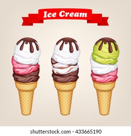 vector illustration poster of various ice cream in a waffle cone with a red ribbon on a light background