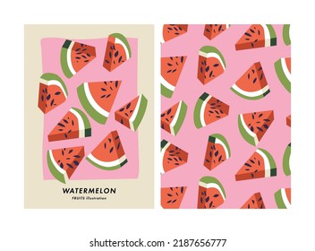 Cartel de ilustración vectorial con fruta de sandía. Arte para postales, arte en la pared, banner, fondo. Patrón transparente